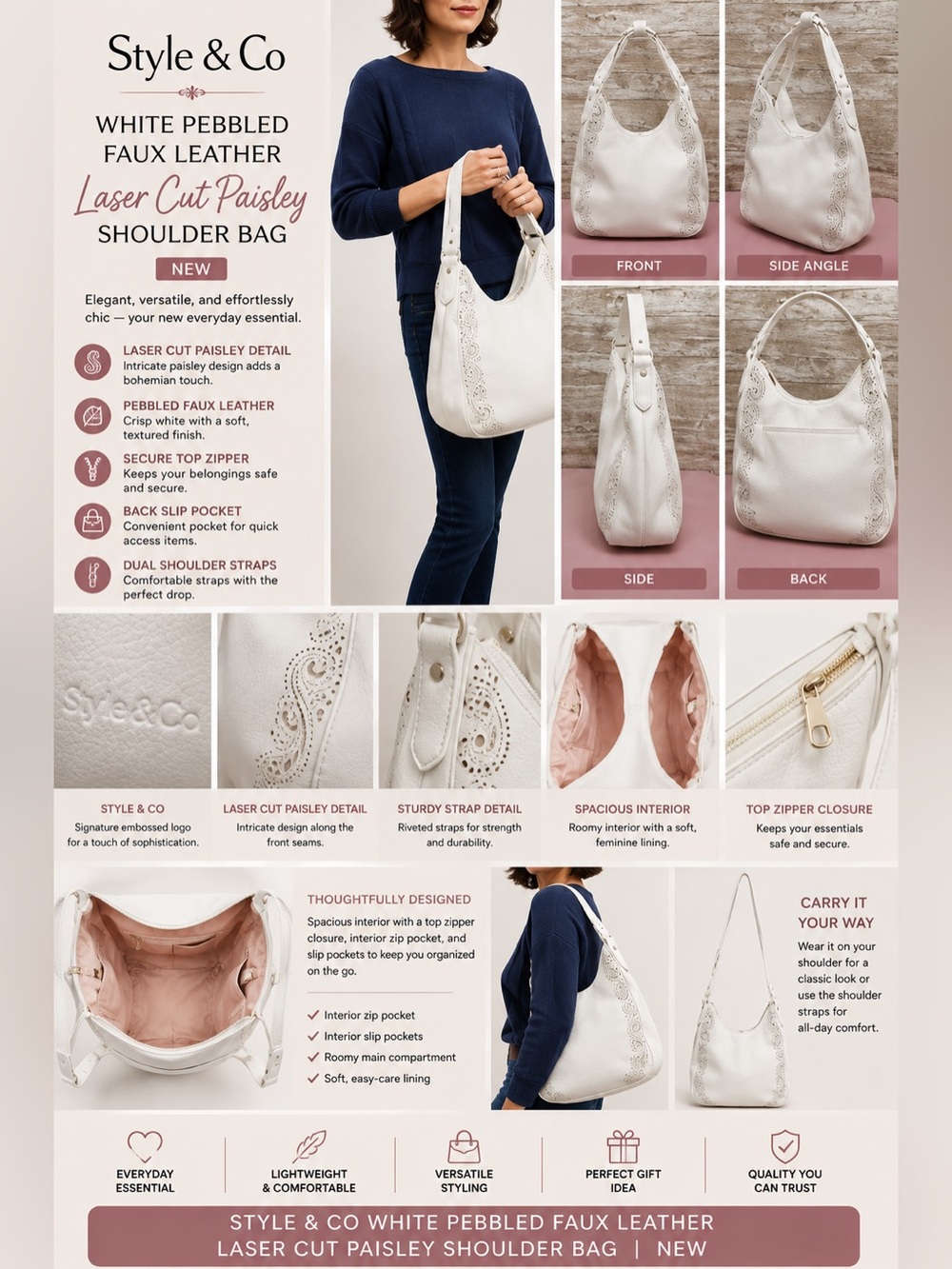 Style & Co White Pebbled Faux‎ Leather Laser Cut Paisley Shoulder Bag NEW